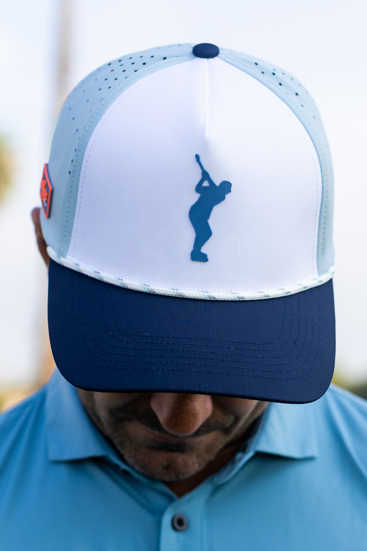 BooYaa Premium Golf Hat, Tee Off White and Navy Snapback Cap, Laser-Cut Vents, Unisex