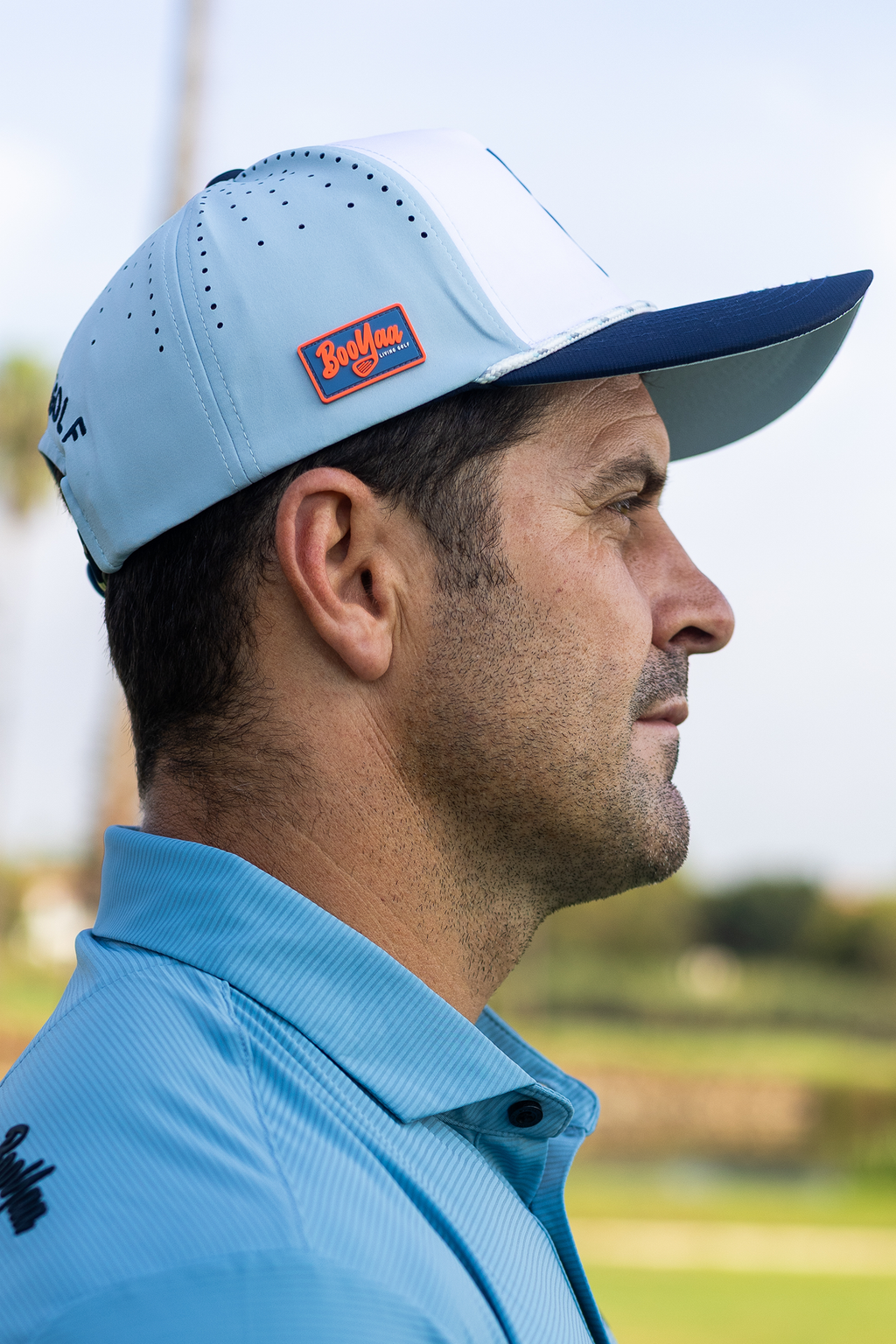 BooYaa Premium Golf Hat, Tee Off White and Navy Snapback Cap, Laser-Cut Vents, Unisex