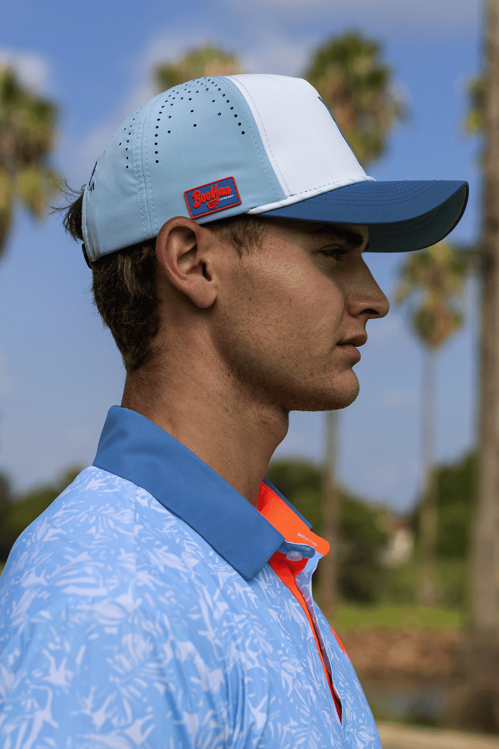 BooYaa Premium Golf Hat, Tee Off White and Navy Snapback Cap, Laser-Cut Vents, Unisex