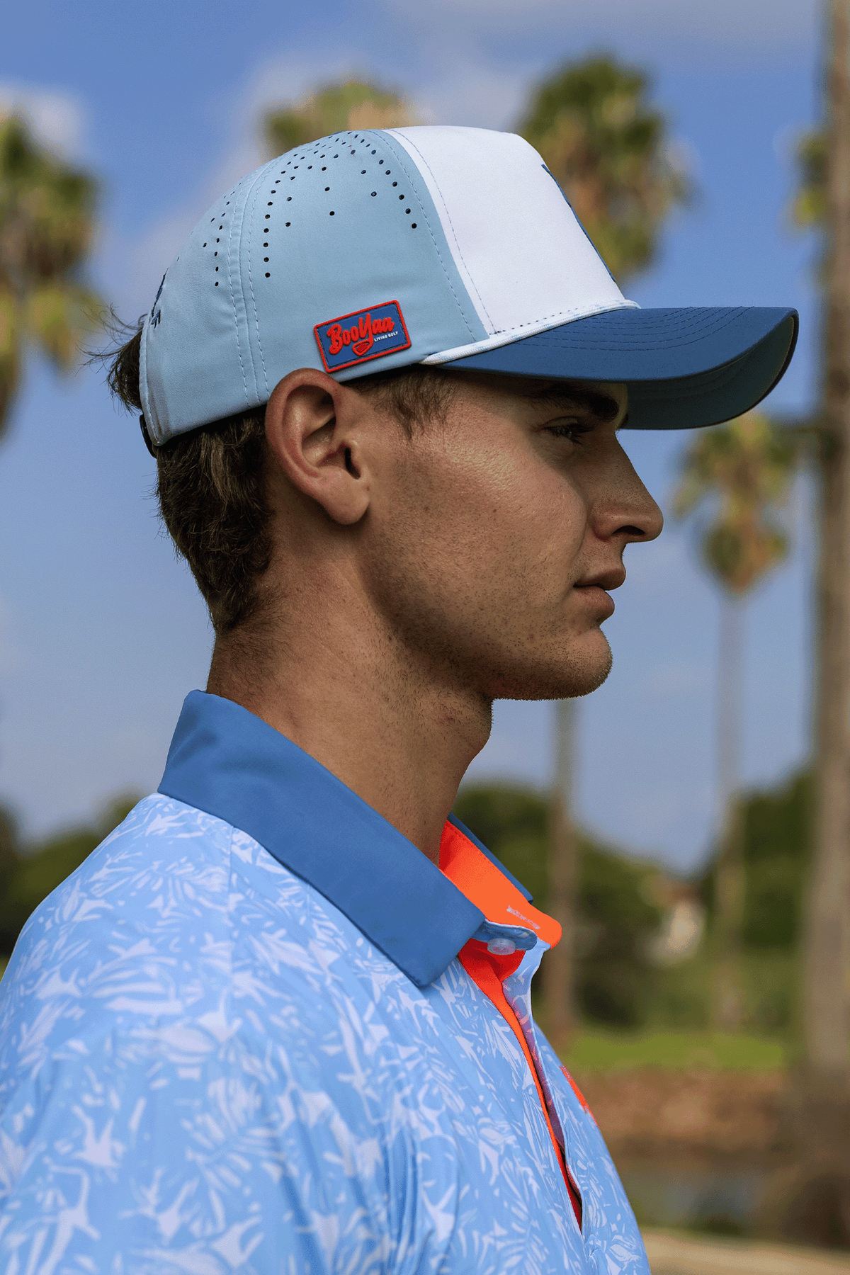 BooYaa Premium Golf Hat, Tee Off White and Navy Snapback Cap, Laser-Cut Vents, Unisex