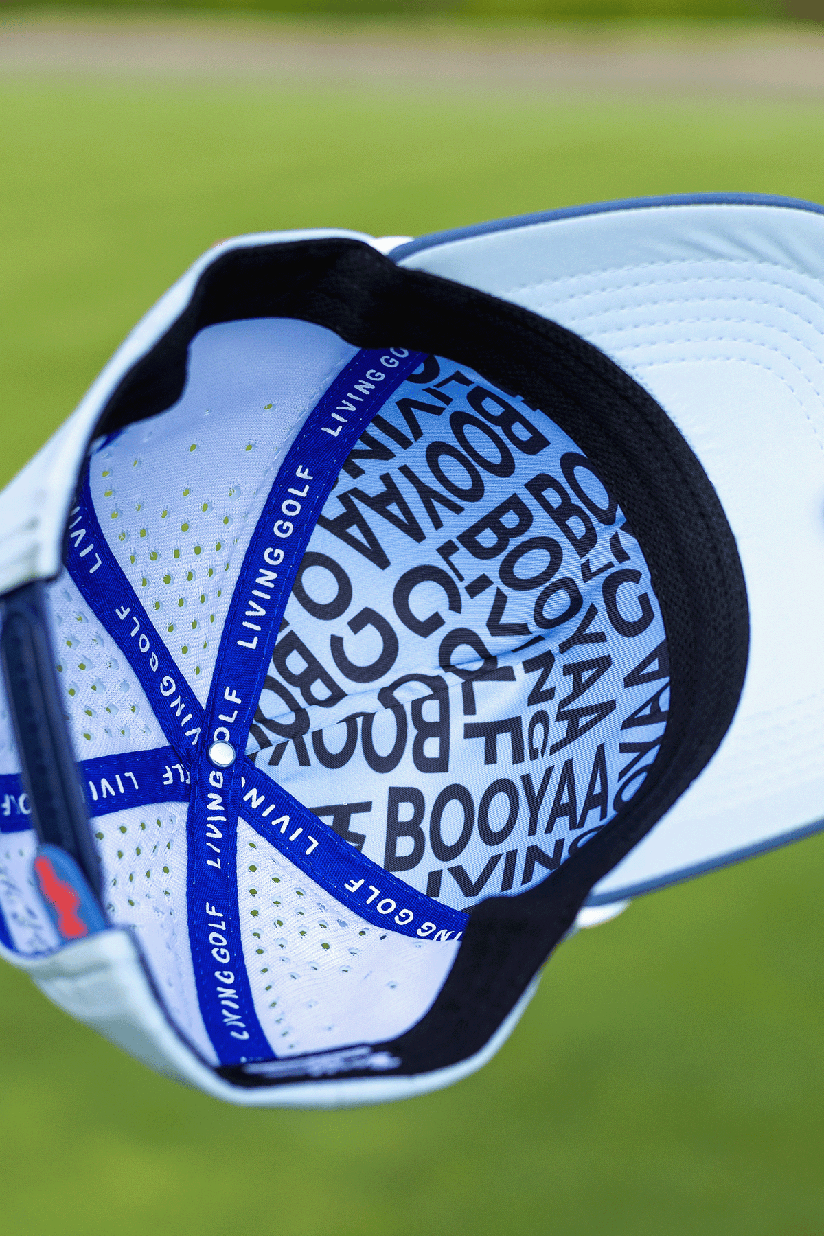 BooYaa Premium Golf Hat, Tee Off White and Navy Snapback Cap, Laser-Cut Vents, Unisex