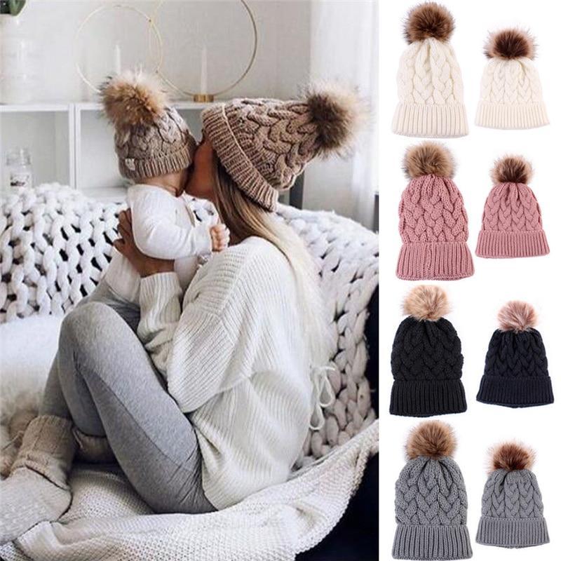 Luxury Modern Cute Kids Girls Hats Mother & Daughter Warm Knitted Hat And Caps Winter Newborn Baby Cap
